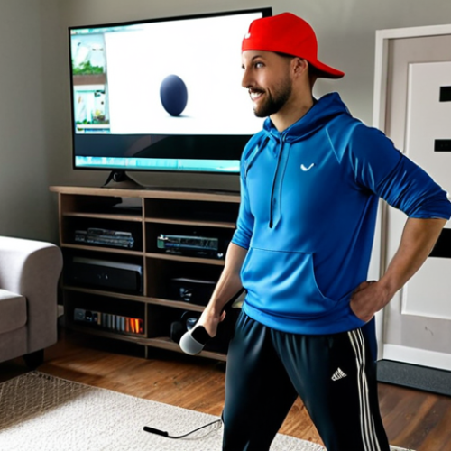 Home 8 **
A novice YouTuber films a fitness video in their living room. The lighting is poor, creating shadows. An external USB microphone is present but not properly positioned. The subject is wearing athletic attire but looks slightly awkward. "Safe for work," "appropriate content," "fully clothed," "professional," "modest," "family-friendly," perfect anatomy, natural proportions.
**