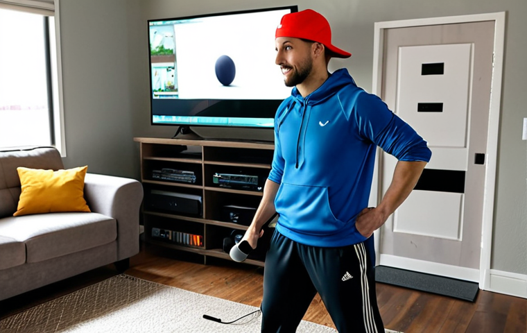 **
A novice YouTuber films a fitness video in their living room. The lighting is poor, creating shadows. An external USB microphone is present but not properly positioned. The subject is wearing athletic attire but looks slightly awkward. "Safe for work," "appropriate content," "fully clothed," "professional," "modest," "family-friendly," perfect anatomy, natural proportions.
**