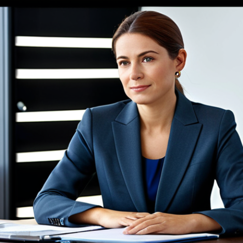 Home 3 영상 속도 조절 편집법 - "A professional businesswoman in a modest business suit, sitting at a desk in a modern office, fully...