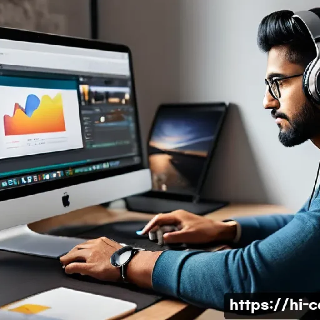 무료 영상 편집 프로그램 - A modern workspace scene showing a young Hindi-speaking content creator editing videos on a sleek la...