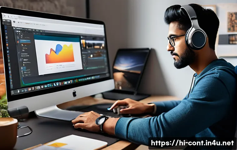 무료 영상 편집 프로그램 - A modern workspace scene showing a young Hindi-speaking content creator editing videos on a sleek la...
