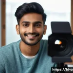 Home 22 동영상 촬영 조명 기법 - A professional video shooting setup in soft morning natural light, featuring a young Indian male vlo...