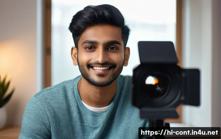 동영상 촬영 조명 기법 - A professional video shooting setup in soft morning natural light, featuring a young Indian male vlo...