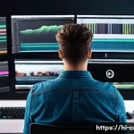 Home 21 영상 편집 시간 줄이기 - A professional video editor working on a high-end laptop in a modern studio, surrounded by multiple ...