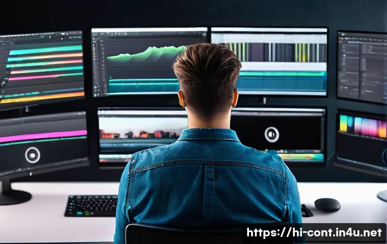 영상 편집 시간 줄이기 - A professional video editor working on a high-end laptop in a modern studio, surrounded by multiple ...
