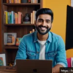 Home 23 Vlog와 쇼츠 차별화 전략 - A vibrant YouTube Vlog setup featuring a young Hindi-speaking content creator in casual attire, sitt...