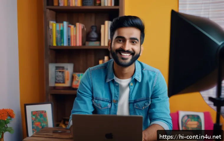 Vlog와 쇼츠 차별화 전략 - A vibrant YouTube Vlog setup featuring a young Hindi-speaking content creator in casual attire, sitt...